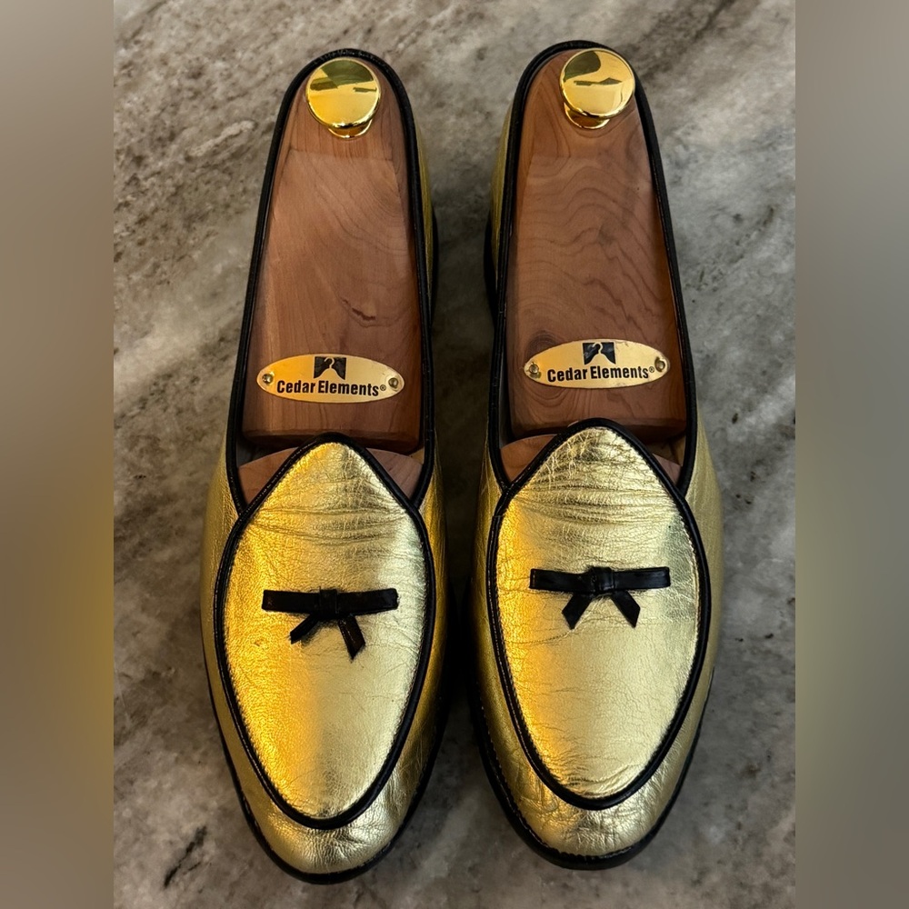 Belgian Shoes Midinette Slipper Gold Metallic Leather Loafer 5 $750 Bow